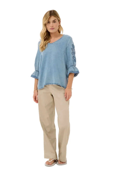 DENIM DETAILED SLEEVE TOP Shirts & Tops CREAM 