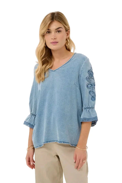 DENIM DETAILED SLEEVE TOP Shirts & Tops CREAM 36 Denim 