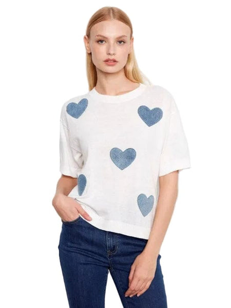 DENIM HEART PATCH SHORT SLEEVE TOP Shirts & Tops Charlie B S White 
