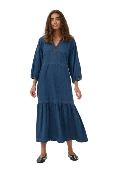 DENIM V NECK MAXI DRESS Dresses Culture 