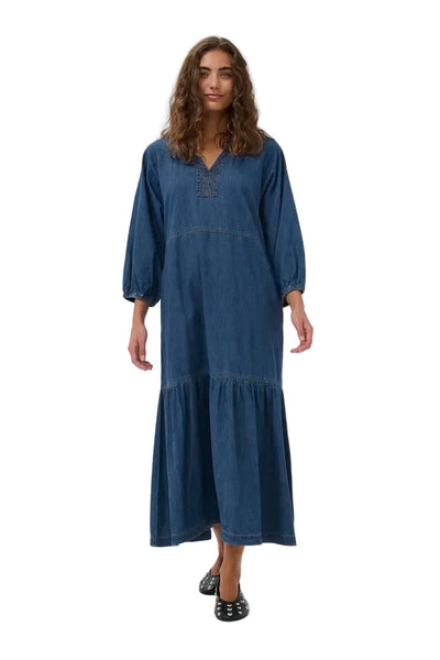 DENIM V NECK MAXI DRESS Dresses Culture S Dark Blue Wash 