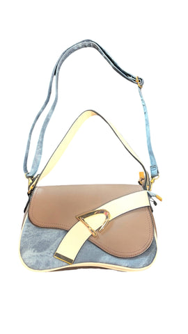 DENIM VEGAN GOLD BUCKLE FRONT HANDBAG Handbag Temptation Denim Blue/ Taupe 