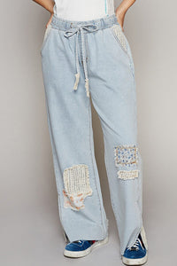 DRAWSTRING DENIM CROCHET LACE PATCH JEANS Pant FashionWear Collection 