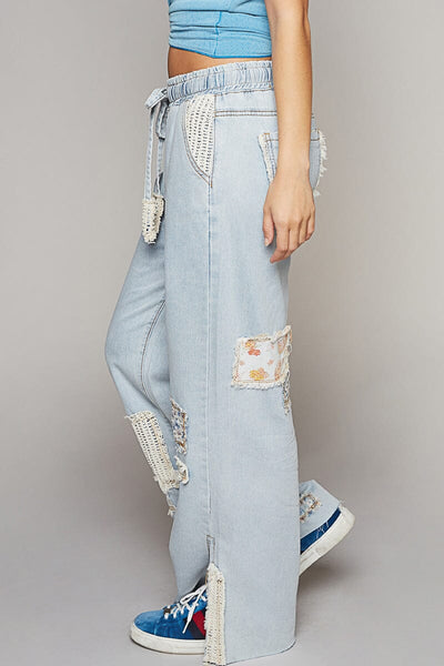 DRAWSTRING DENIM CROCHET LACE PATCH JEANS Pant FashionWear Collection 