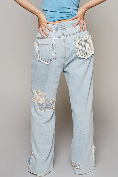 DRAWSTRING DENIM CROCHET LACE PATCH JEANS Pant FashionWear Collection 