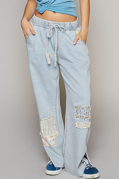 DRAWSTRING DENIM CROCHET LACE PATCH JEANS Pant FashionWear Collection 