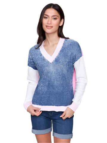 DROP SHOULDER DENIM BLUE AND PINK LONG SLEEVE SWEATER Shirts & Tops Charlie B. XS Blue 