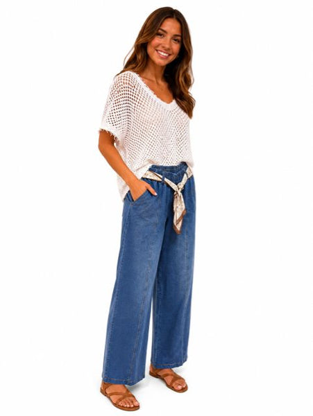 ELASTIC WAIST HIGH RISE WIDE LEG JEAN Pants Made In Italy 