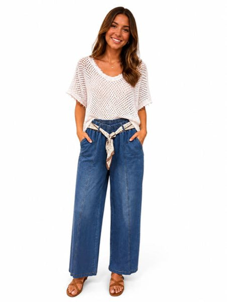 ELASTIC WAIST HIGH RISE WIDE LEG JEAN Pants Made In Italy One Size Blue 