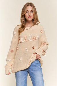 EMBROIDERED HELLO DAISY SWEATER Sweater FashionWear Collection S/M Beige 