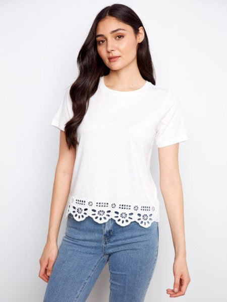 EMBROIDERED HEM SOFT WHITE COTTON TOP T Shirts & Tops Charlie B 