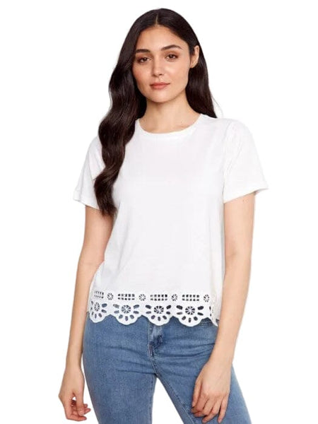 EMBROIDERED HEM SOFT WHITE COTTON TOP T Shirts & Tops Charlie B S White 