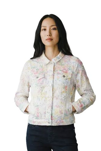 EYELET FEMININE FLORAL PRINT DENIM JACKET Jacket GG Jeans XS Floral Pink 