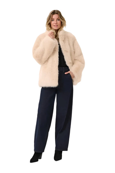 FAUX FUR LOOSE FIT MID THIGH LONG SLEEVE COAT Jacket CREAM 