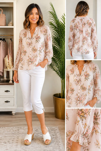FEMININE FLORAL RUFFLE COLLAR BUTTON DOWN BLOUSE Blouse NIKKY 