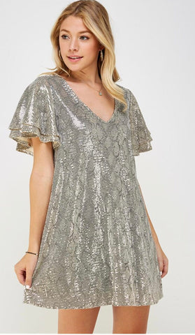 FLARE RUFFLE SLEEVE SPARKLE DRESS Dress FashionWear Collection S Champagne 