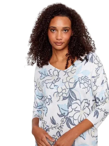 FLORAL 3/4 SLEEVE COTTON TOP Shirts & Tops Charlie B 