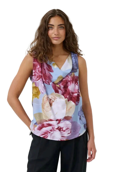 FLORAL DRAPED NECK SLEEVELESS TOP Blouse Culture 