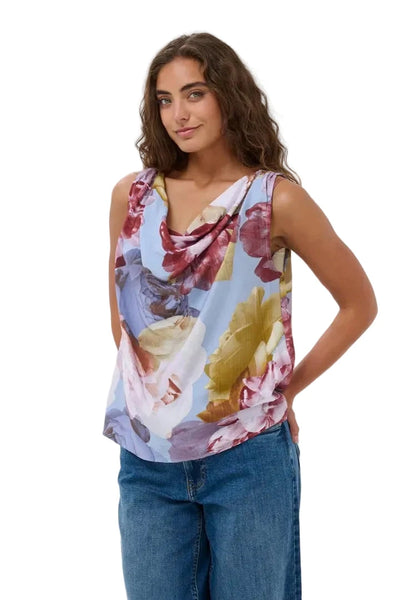 FLORAL DRAPED NECK SLEEVELESS TOP Blouse Culture 