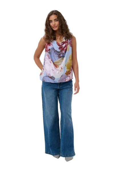 FLORAL DRAPED NECK SLEEVELESS TOP Blouse Culture 