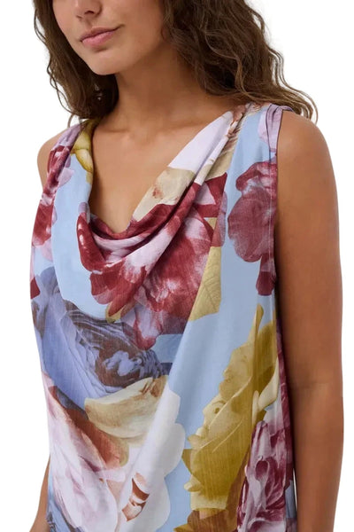 FLORAL DRAPED NECK SLEEVELESS TOP Blouse Culture S Blue/Pink/Yellow Flower 