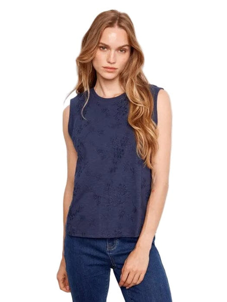 FLORAL EMBROIDERED SLEEVELESS COTTON TOPS T Shirts & Tops Charlie B S Navy 