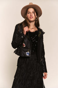 FLORAL EMBROIDERED STUDDED FAUX LEATHER JACKET Jacket FashionWear Collection S Black/Floral 