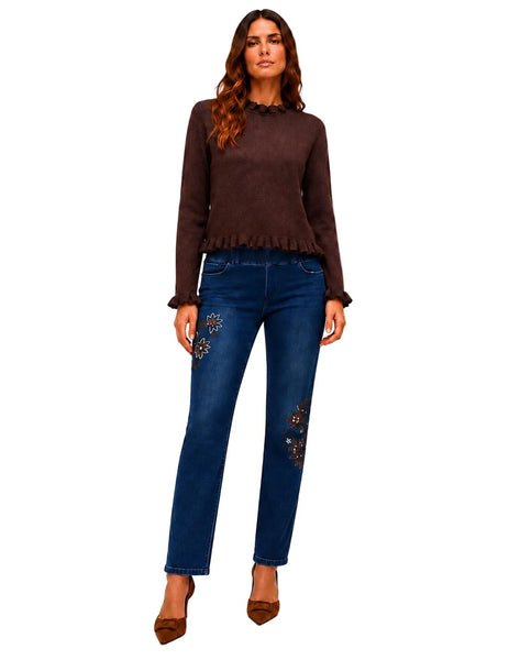 FLORAL EMBROIDERY MID RISE SLIM LEG PULL ON JEAN Jeans GG 
