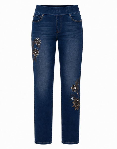 FLORAL EMBROIDERY MID RISE SLIM LEG PULL ON JEAN Jeans GG 