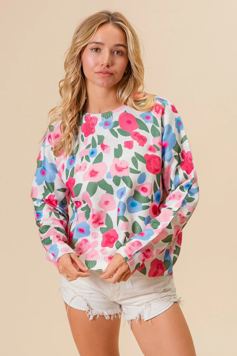 FLORAL PRINT CREW NECK SWEATER SWEATER FashionWear Collection S Bright Flowers 