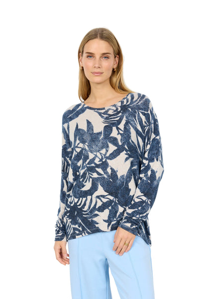 FLOWY LEAF PRINT CREW NECK TOP Top SOYACONCEPT S Navy/Cream Combo 
