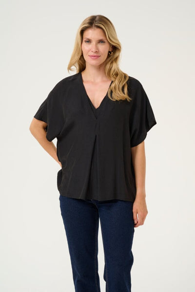 FLOWY V NECK BLACK SHORT SLEEVE TOP Top CULTURE 