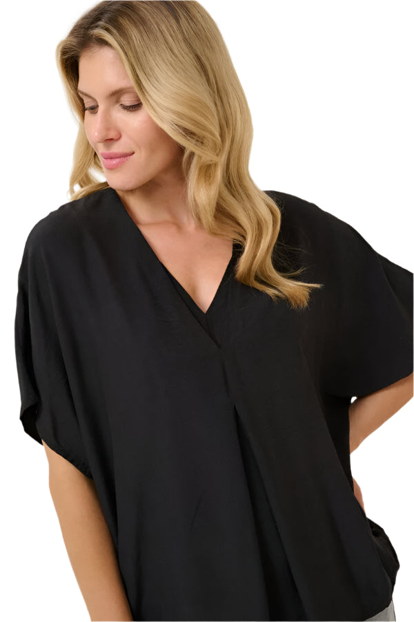 FLOWY V NECK BLACK SHORT SLEEVE TOP Top CULTURE M Black 
