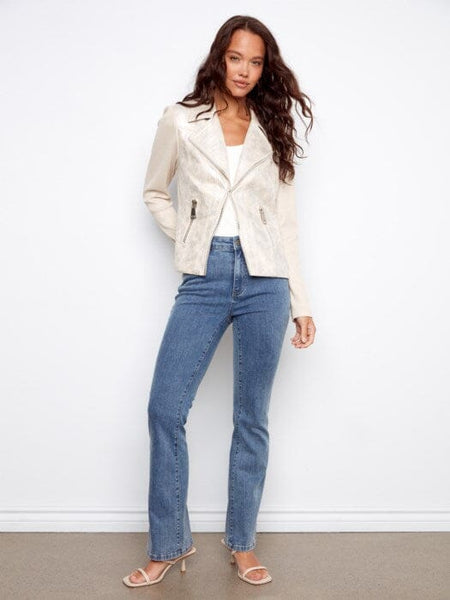 FOILED VINTAGE FAUX LEATHER AND RIB KNIT SWEATER Jacket Charlie B 