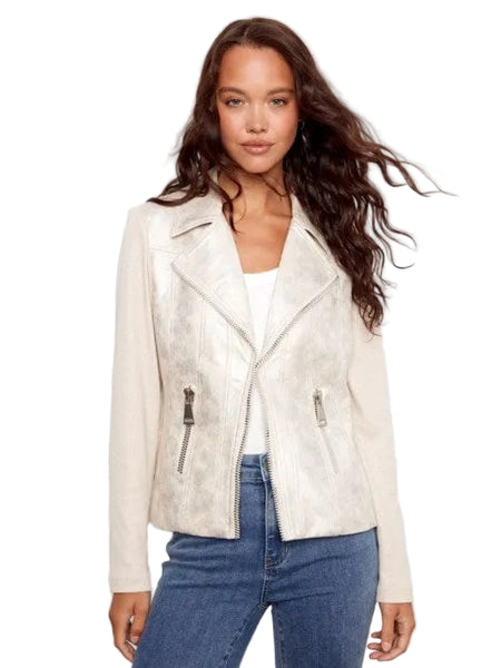 FOILED VINTAGE FAUX LEATHER AND RIB KNIT SWEATER Jacket Charlie B S Pearl 250 