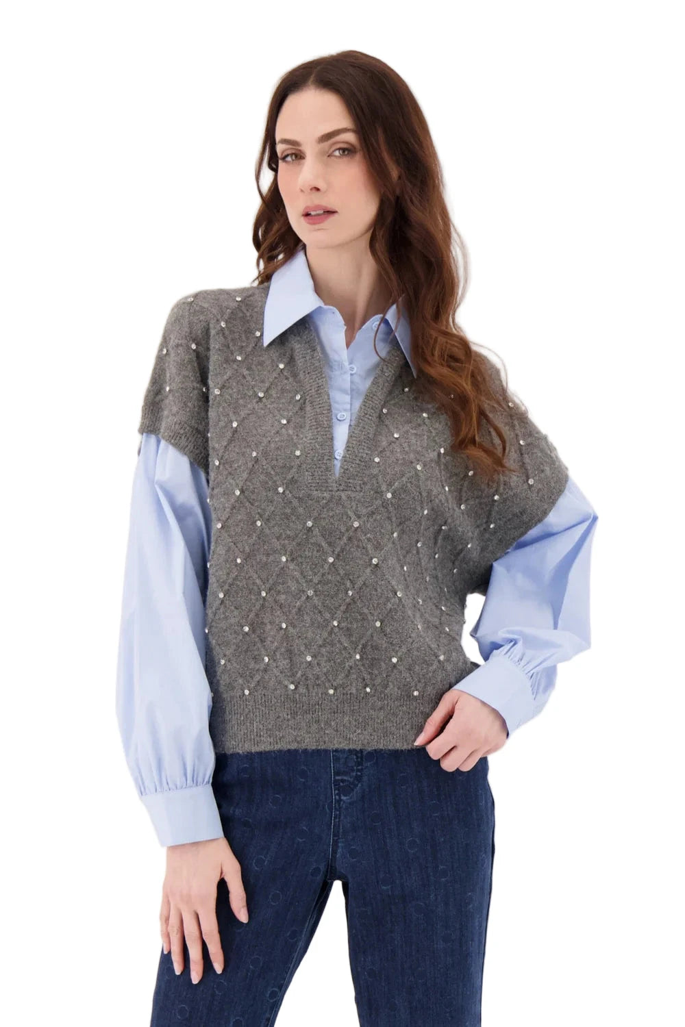 FOOLER SWEATER VEST WITH SHIRT SLEEVES AND COLLAR SWEATER Gabby Isabella S/M Grey 