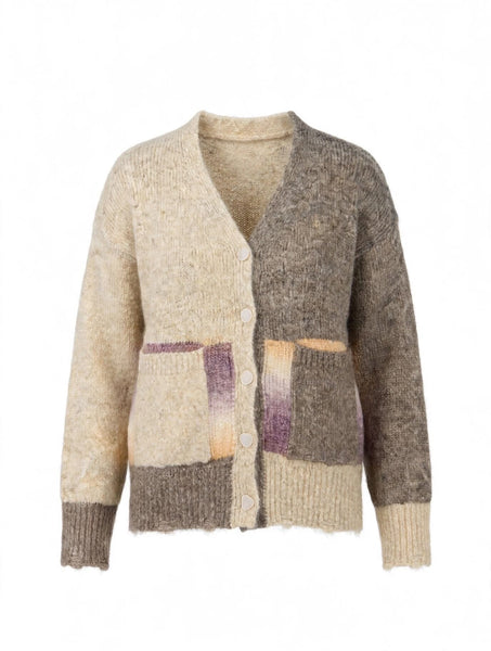 FRONT POCKET DISTRESSED HEM COLOR BLOCK CARDIGAN Cardigan NIKKY 