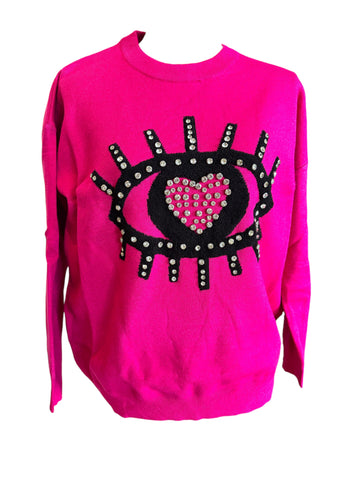 FUCHSIA EYE LASH BLING SWEATER Sweater Karma OS Fuchsia 