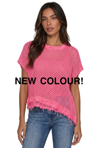 FUCHSIA OPEN KNIT LINED DISTRESSED NECKLINE TOP Shirts & Tops Made In Italy 