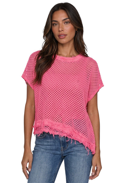 FUCHSIA OPEN KNIT LINED DISTRESSED NECKLINE TOP Shirts & Tops Made In Italy One Size Fuchsia 