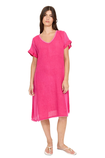 FUCHSIA SHORT SLEEVE LINEN AND KNIT DRESS Dress Pistache 