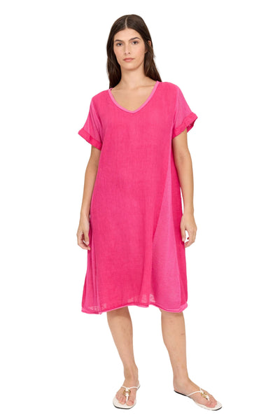 FUCHSIA SHORT SLEEVE LINEN AND KNIT DRESS Dress Pistache XS Fuchsia 