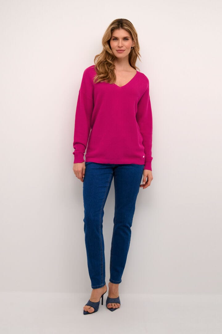 FUCHSIA V NECK KNIT PULLOVER Top CREAM XS Fuchsia 