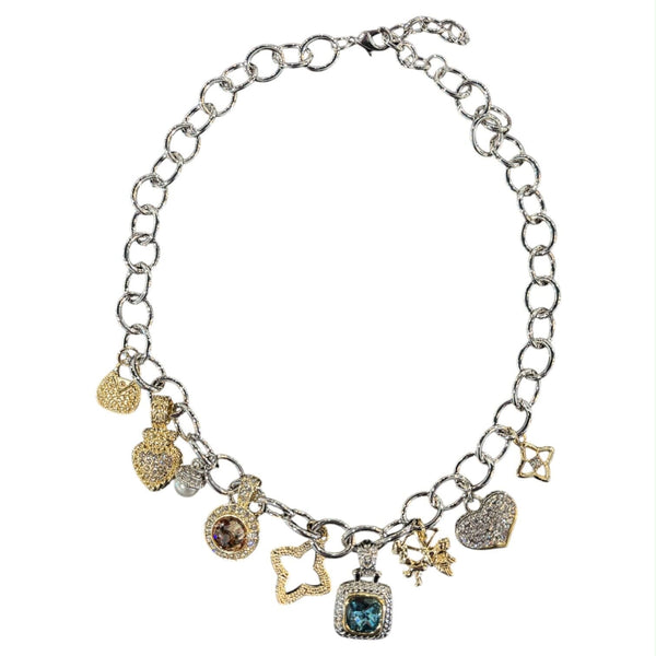 GEM STONE LINK MULTI CHARM NECKLACE Necklaces FashionWear Collection SIlver/Multi 