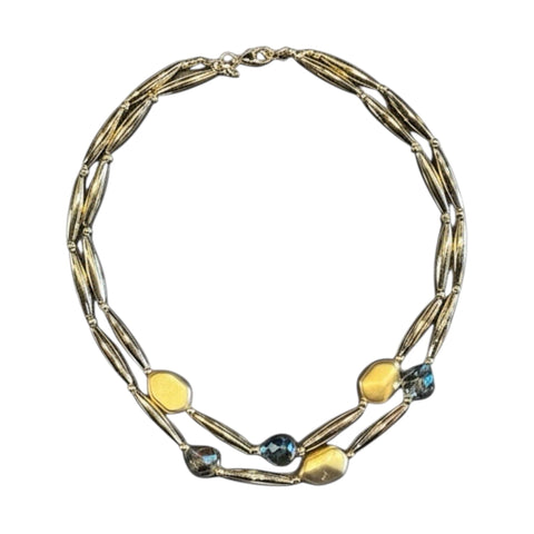 GOLD BEADED OVAL NECKLACE WITH GEMS necklace FashionWear Collection Gold Blue Mix 