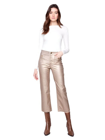 GOLD METALLIC WAX TWILL FLARE LEG PANTS Pant Charlie B 