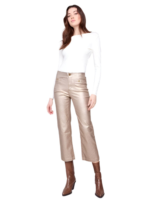 GOLD METALLIC WAX TWILL FLARE LEG PANTS Pant Charlie B 