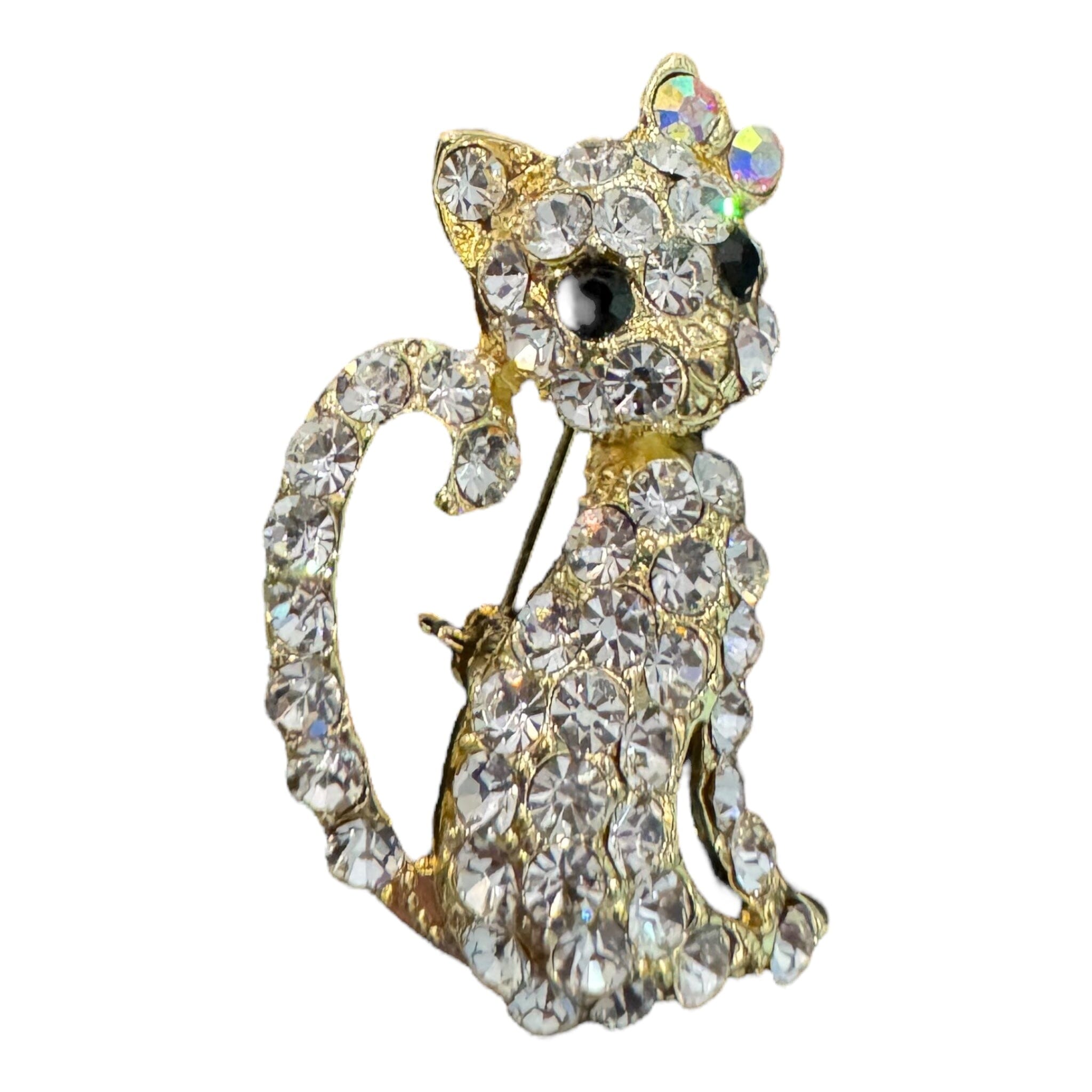 GOLD PRETTY CAT BROOCH Brooch FashionWear Collection Clear Crystal 