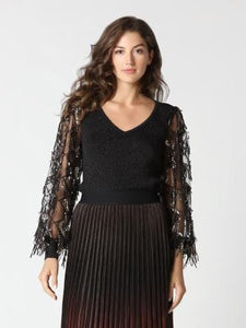 GOLD SHEER FRINGE SLEEVE KNIT TOP Top FashionWear Collection S Black/White Lurex Sheer Floral 