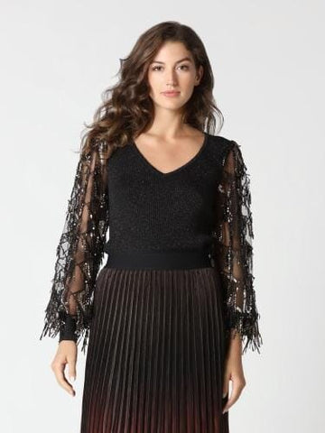 GOLD SHEER FRINGE SLEEVE KNIT TOP Top FashionWear Collection S Black/White Lurex Sheer Floral 